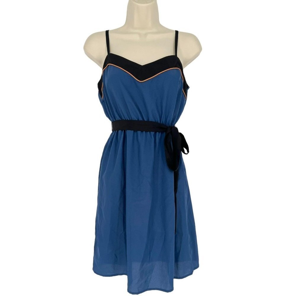 Blue Spaghetti-Strap A-Line Dress with Black Trim